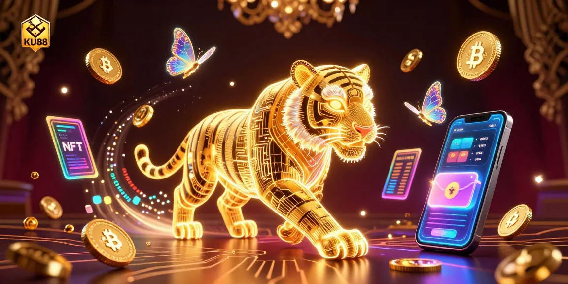 Experience the thrill of KU88 in an ultra-detailed digital casino scene with a golden tiger and crypto elements.