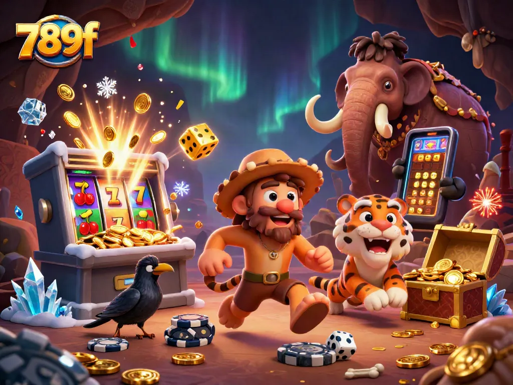 Engage with 789f through a vibrant, action-packed illustration featuring a playful prehistoric casino scene.