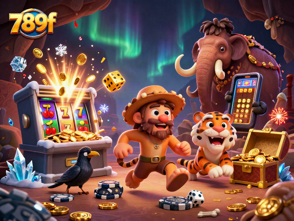 Engage with 789f through a vibrant, action-packed illustration featuring a playful prehistoric casino scene.