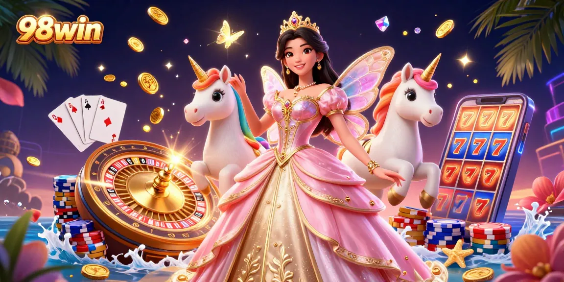 Win big at 98win with slots and casino games in a vibrant, magical setting.