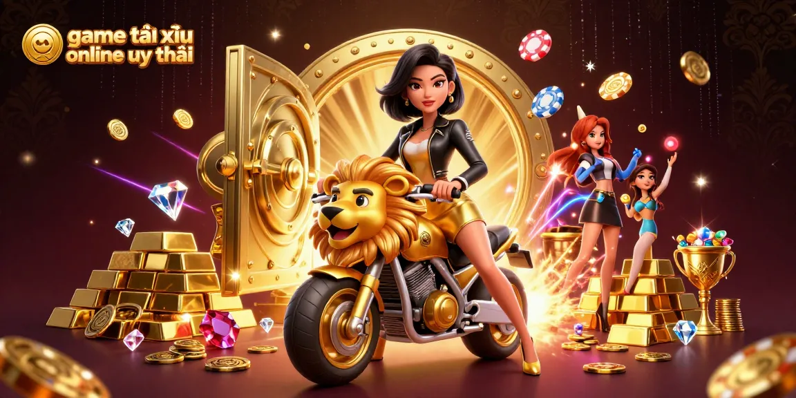 Experience excitement with game tài xỉu online uy tín as a woman rides a golden lion mascot surrounded by treasures.