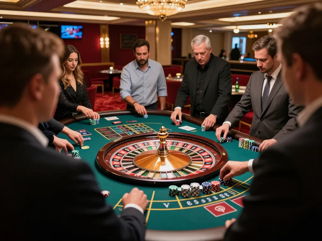 Experience thrilling roulette gameplay at soibetzz's elegant casino, with players placing bets and enjoying the sleek environment.