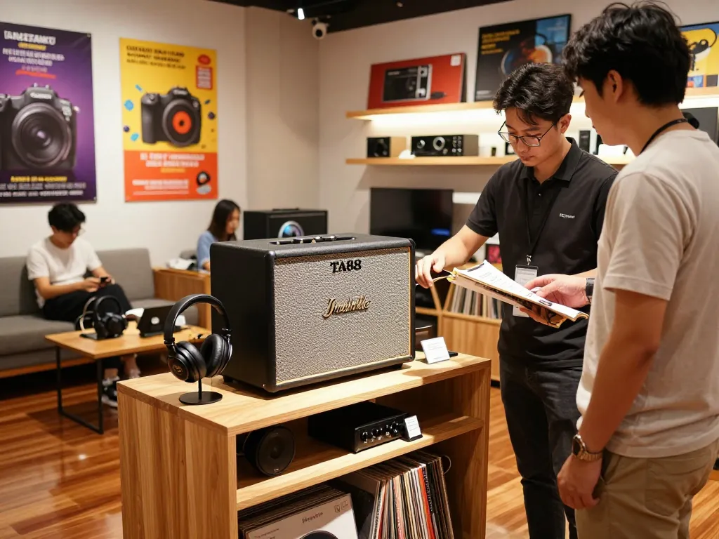 TA88 amplifier showcased in retail store, customer engaging with associate, vibrant audio shopping experience.