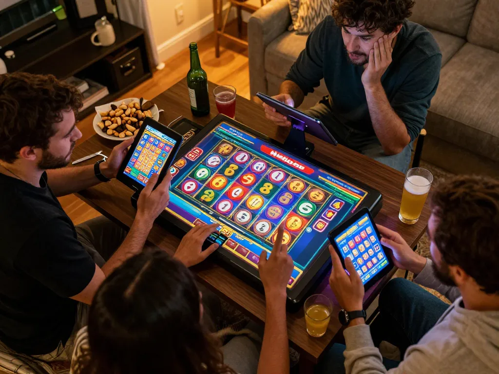 Nohu90 players enjoying dynamic online slot game on tablets, showcasing colorful reels and engaging atmosphere
