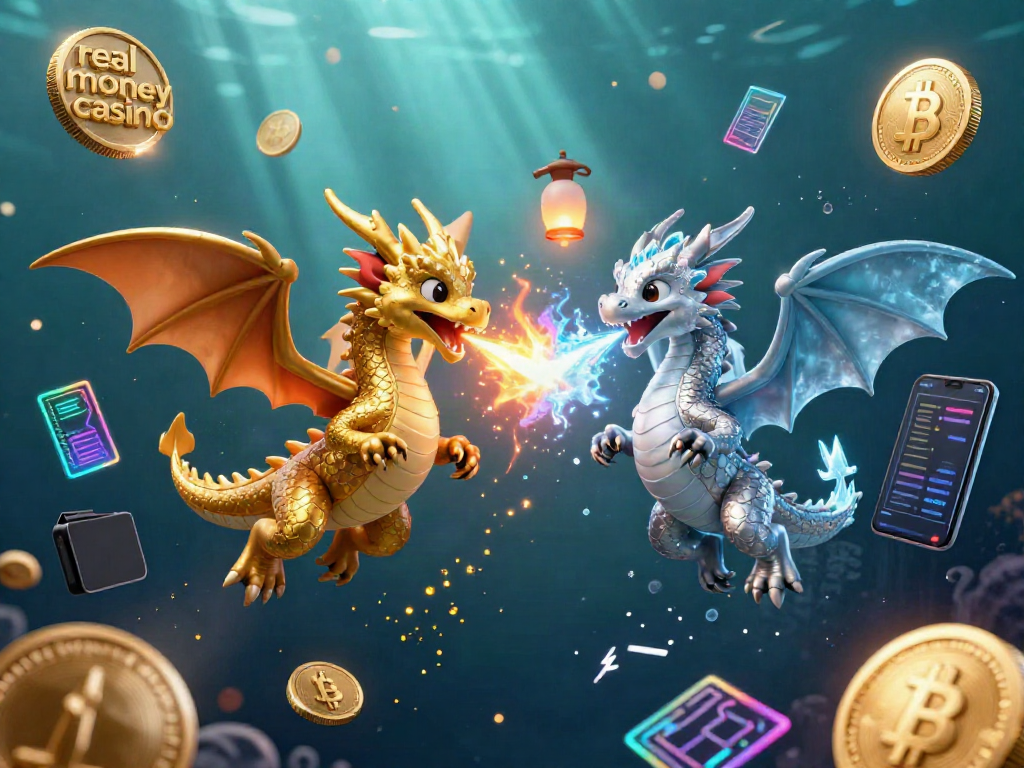 Engage in the thrill of a real money casino with twin dragons amidst dynamic visual effects and digital cryptocurrency elements.