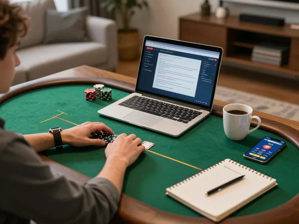 Engaged player using 58wiin poker app on laptop at home with strategy notes.