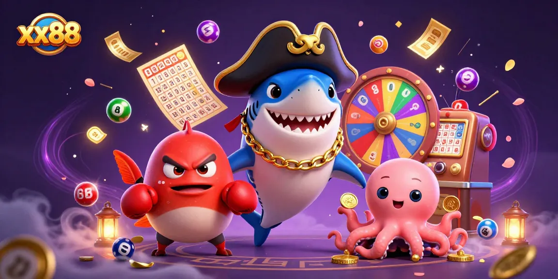 Experience excitement at xx88 with colorful lottery elements and vibrant casino characters in a rich scene.