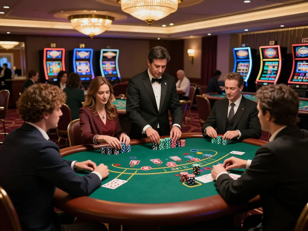 Go8 players engaging in an exciting blackjack game on a vibrant casino floor, showcasing the high-stakes atmosphere.