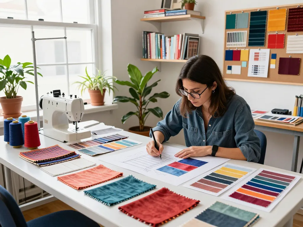Designer creating innovative sunwin textile patterns in a vibrant studio.