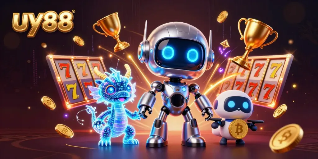 Experience the excitement of gambling with uy88's vibrant 3D digital illustration featuring a cyberpunk robot and gaming elements.