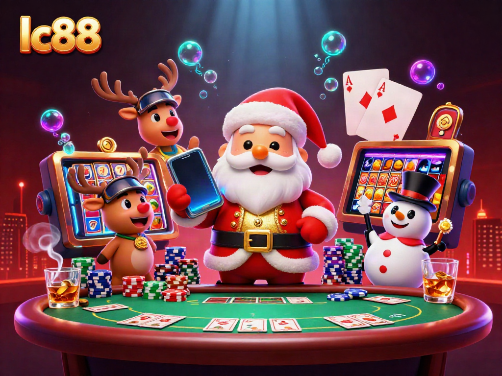 Engage with lc88's festive casino scene featuring animated characters and vibrant gaming elements.