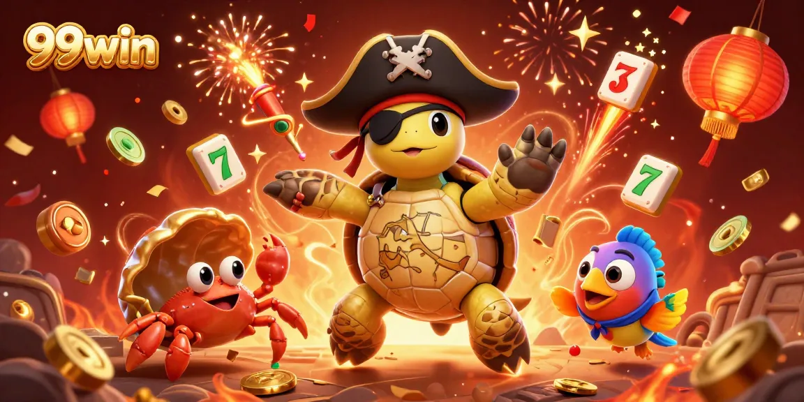 Engage with the 99win adventure through a vibrant underwater casino scene featuring animated characters and festive game elements.