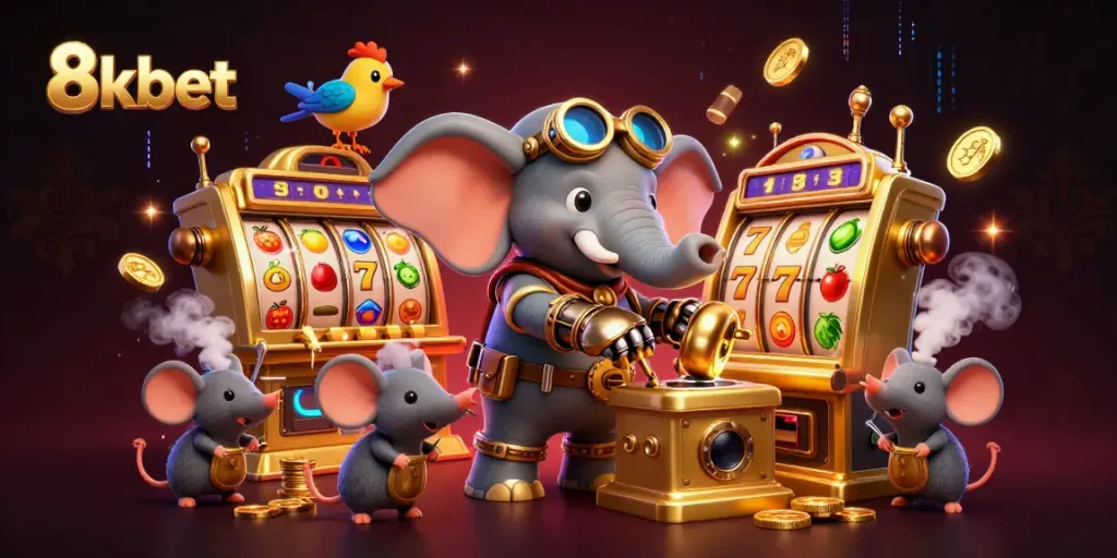 Experience the thrilling world of 8kbet in a vibrant steampunk casino scene with dynamic game elements.