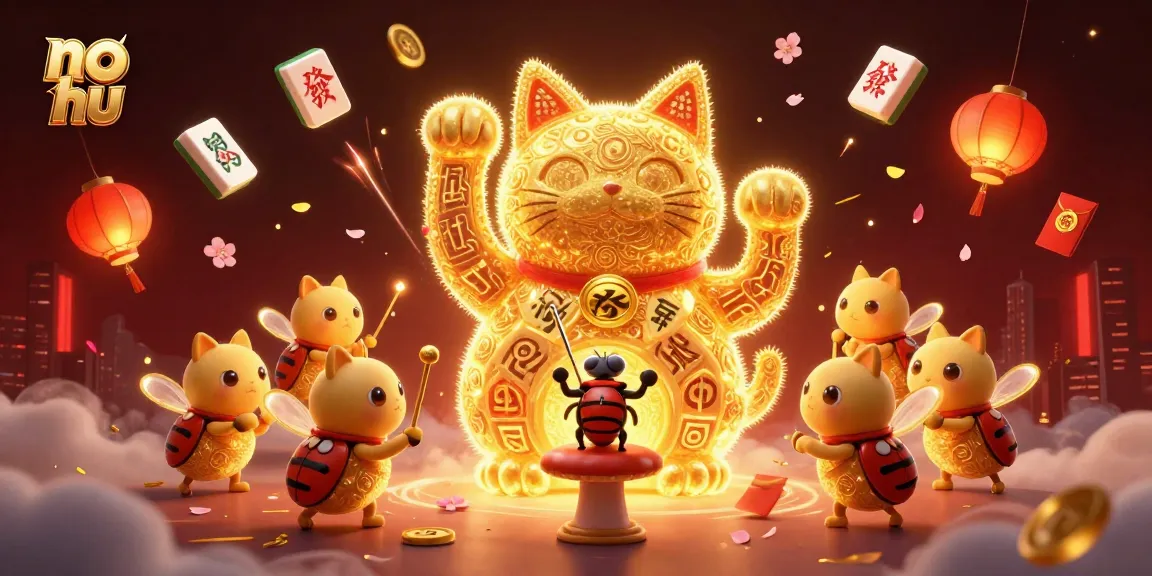 Join in the excitement with no hu, as the lucky cat waves among vibrant casino elements.
