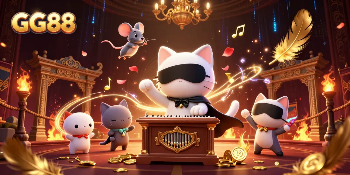 Experience thrilling GG88 casino action with a dynamic 3D illustration featuring a whimsical phantom cat at the organ.