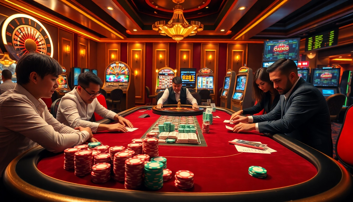 Engaged players at the poker table in a luxurious casino ambiance showcasing https://pub88.in.net/ gaming excitement.