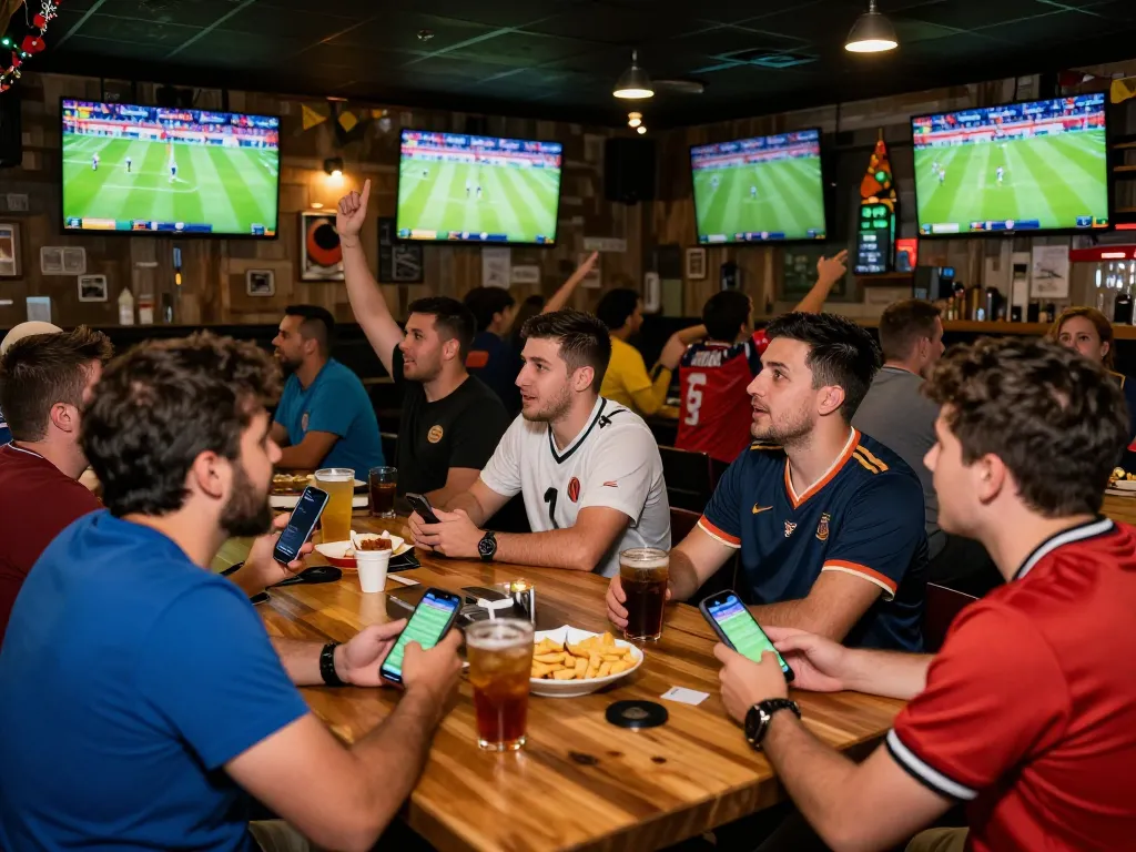Fans engaging in footballl betting excitement while watching a live game at a sports bar.