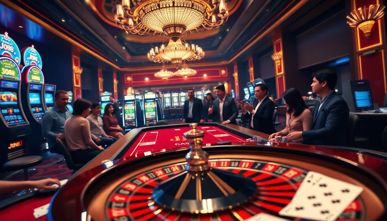 Engaging scene of players at a Jun88 poker table, featuring vibrant casino elements and excitement.
