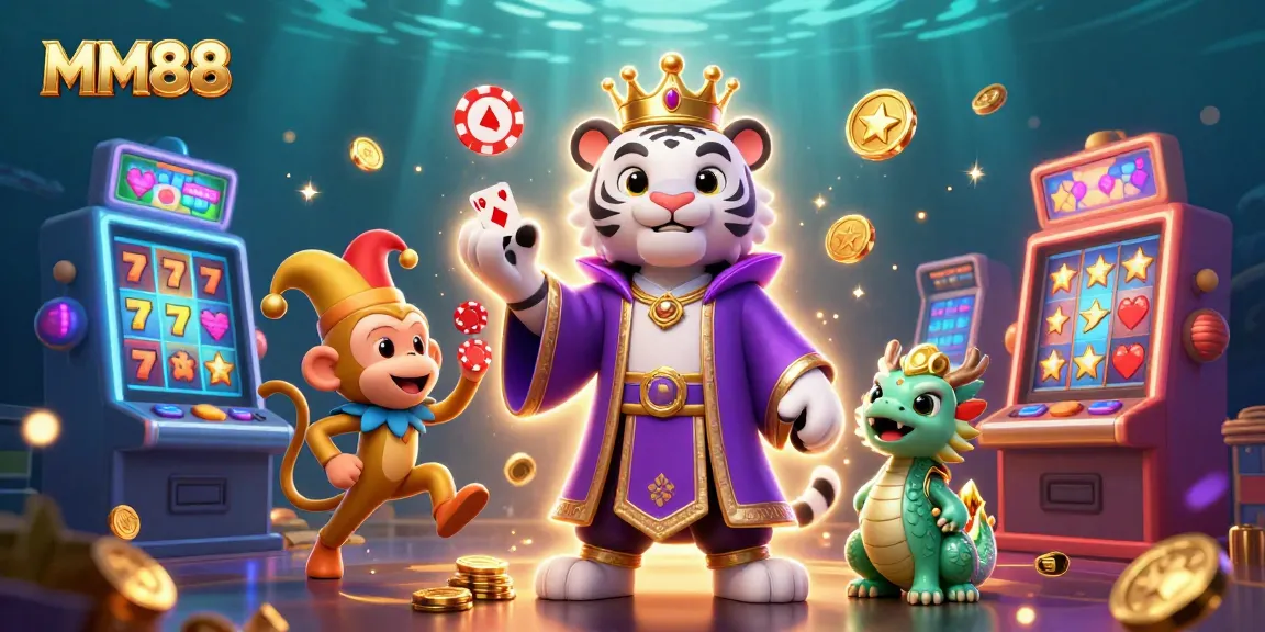 Engage with MM88 in a vibrant casino scene featuring a playful tiger, monkey, and jade dragon amidst slot machines.