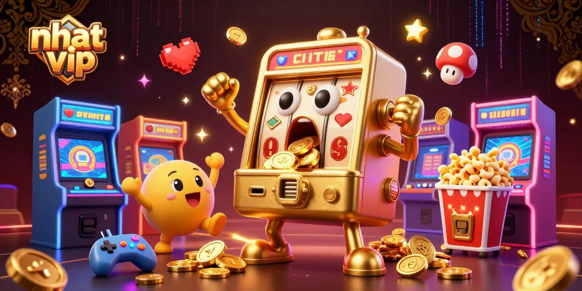 Experience excitement with nhat vip as golden slot machines celebrate jackpot wins in vibrant digital art.