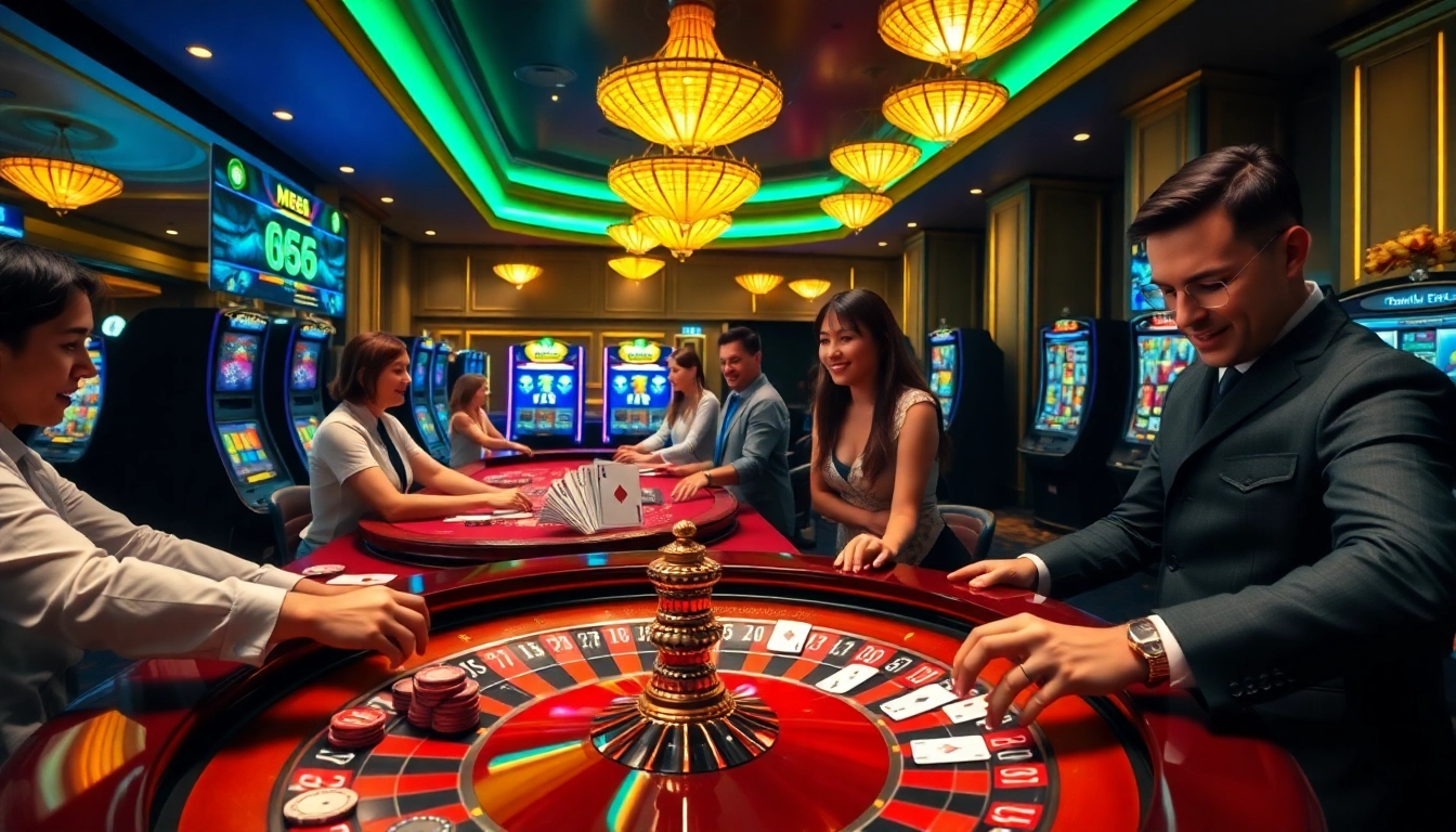 Players enjoying a thrilling game of roulette at a vibrant MB66 casino scene.