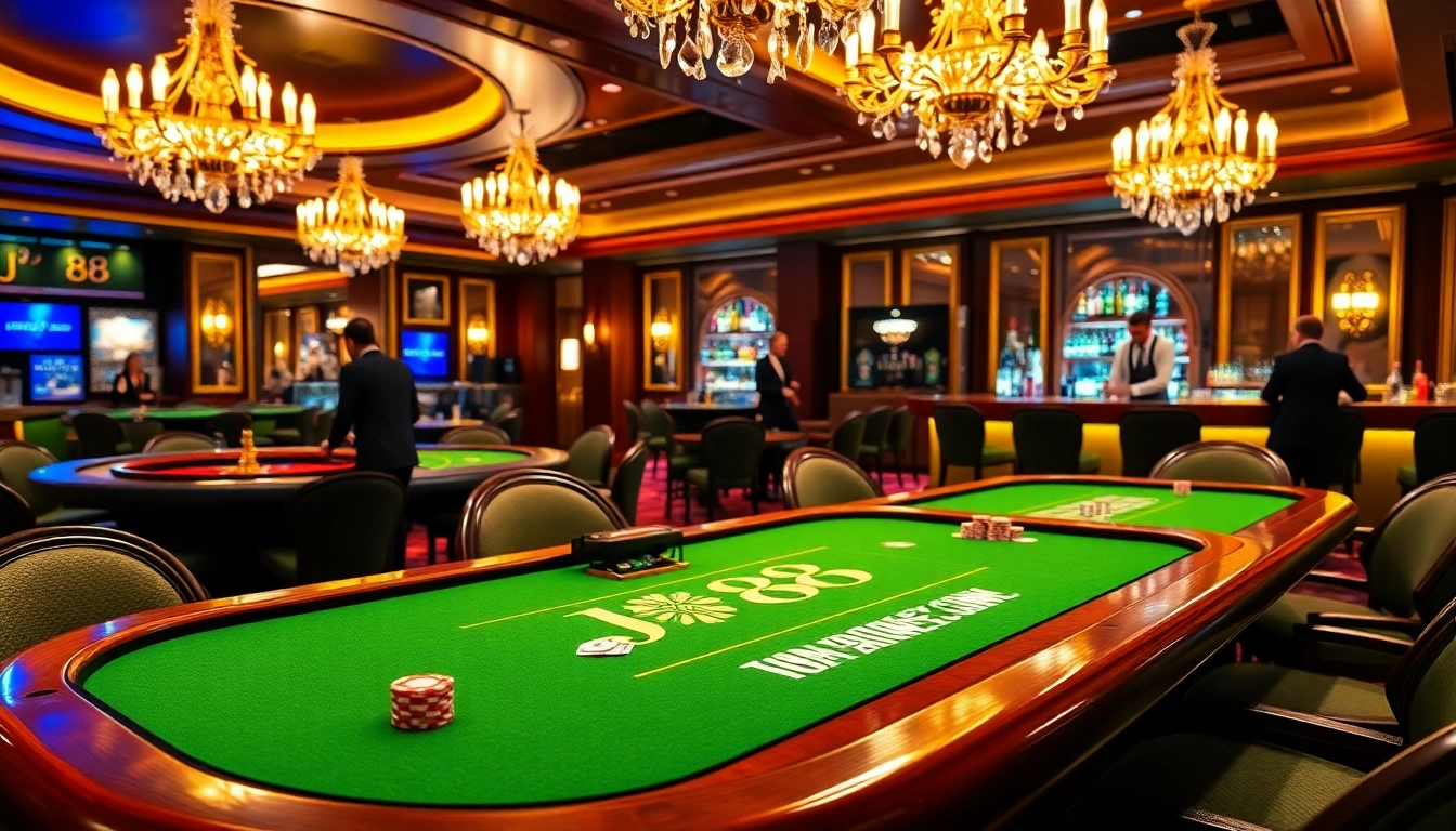 Experience the thrill of j88 at a luxury casino poker table surrounded by vibrant chips and cards.