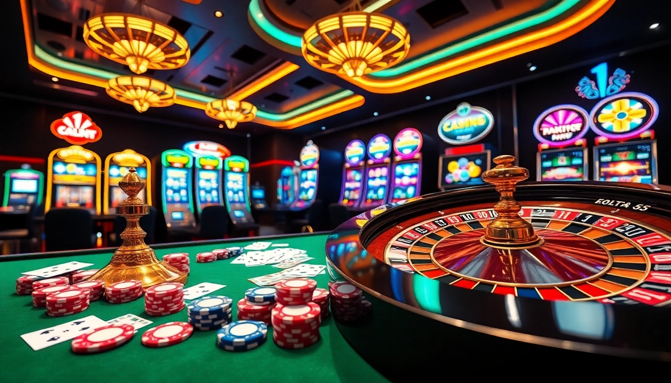 Exciting gambling scene at sv66 casino with roulette wheel and poker chips.