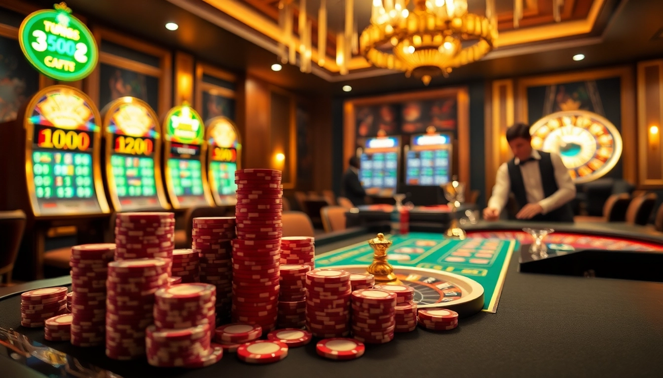 Action-packed gambling scene showcasing thể thao fun79 with poker chips and a roulette wheel.
