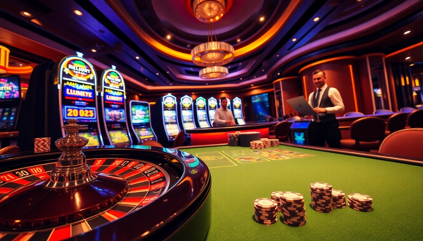 Experience thrilling gameplay at rikvip.gb.net with a vibrant casino scene featuring roulette and slot machines.