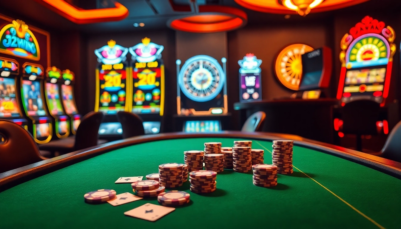 32WIN casino scene showcasing poker, slots, and roulette excitement.