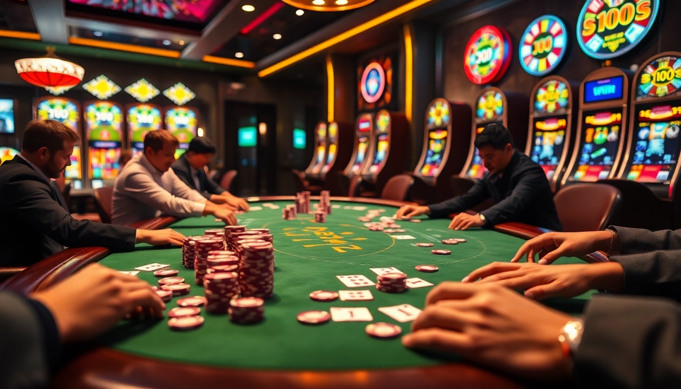 Intense card game action at a luxurious poker table showcasing diverse chips and excitement at https://rr88a.us.com/.