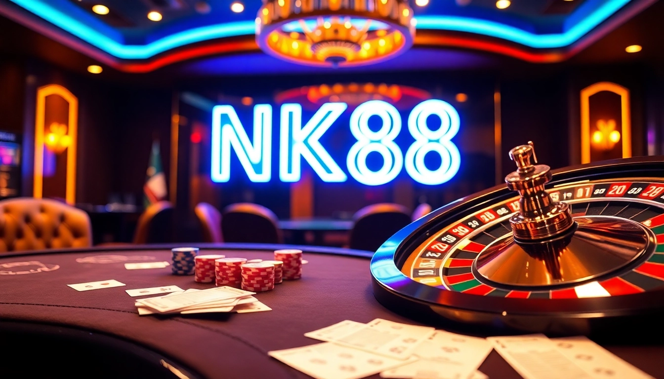 Engaging gamblers at NK88 bio with vibrant poker chips and thrilling casino elements.