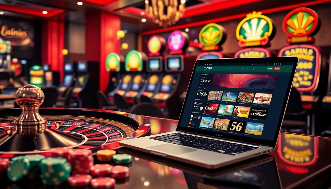 An engaging online gambling scene focused on loto188.gb.net featuring roulette and vibrant slot machines.