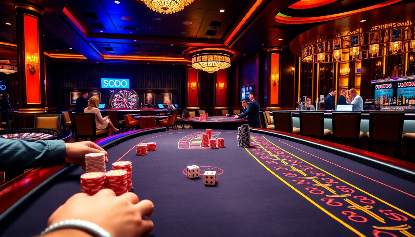 SODO Casino scene with players engaging in thrilling card games and vibrant gambling atmosphere.