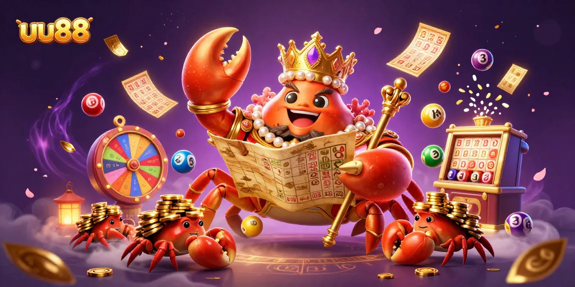 Experience the excitement of uu88 with a golden crab emperor and vibrant lottery elements in casino art.